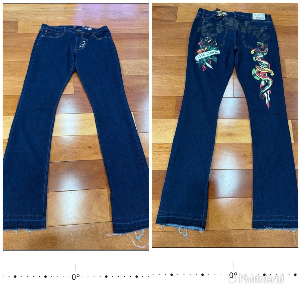 NWT Ed Hardy Flare Jeans Mens Indigo Tattoo Graphic Snake Panther Blue 32